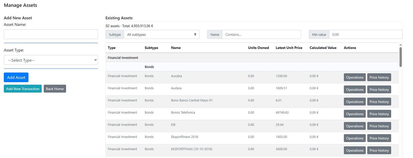 Add asset transaction form (purchase, sale, dividends, fees)